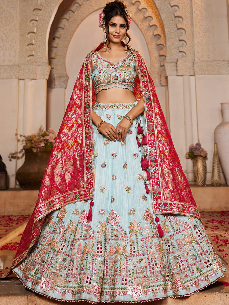 Tissue Mirror Embroidered Semi-Stitched Lehenga Choli with Dupatta