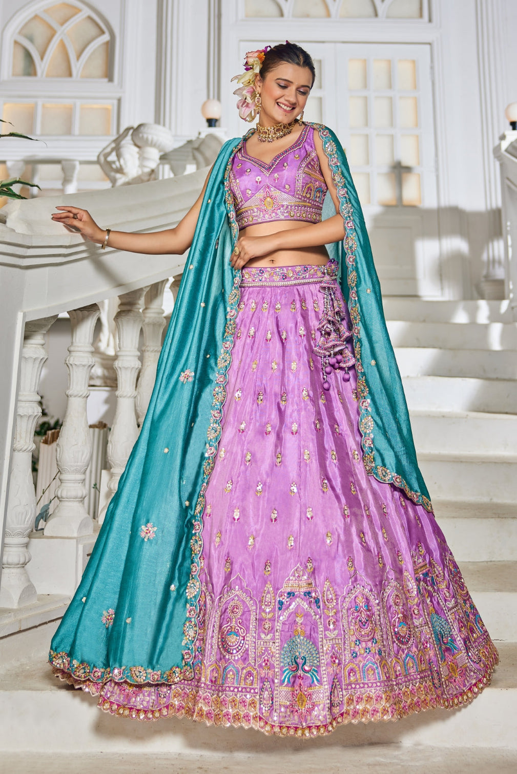 Tissue Sequins Embroidered Semi-Stitched Lehenga Choli with Dupatta