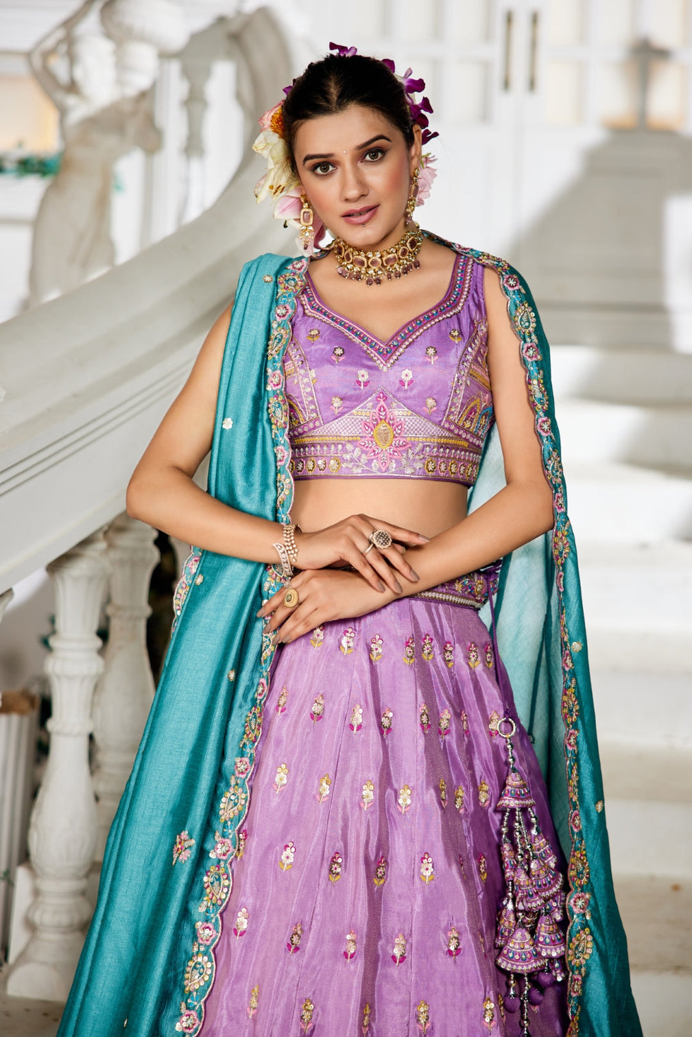 Tissue Sequins Embroidered Semi-Stitched Lehenga Choli with Dupatta