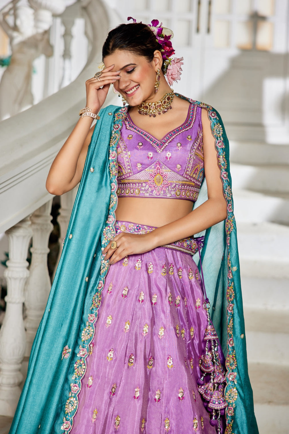 Tissue Sequins Embroidered Semi-Stitched Lehenga Choli with Dupatta