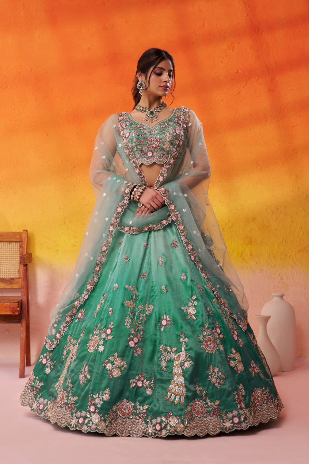 Tissue Sequins Embroidered Semi-Stitched Lehenga & Unstitched Blouse With Dupatta