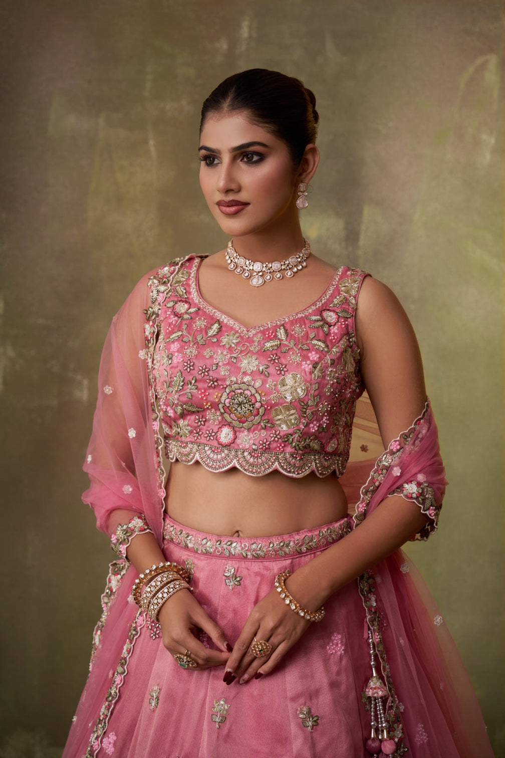 Tissue Sequins Embroidered Semi-Stitched Lehenga & Unstitched Blouse With Dupatta