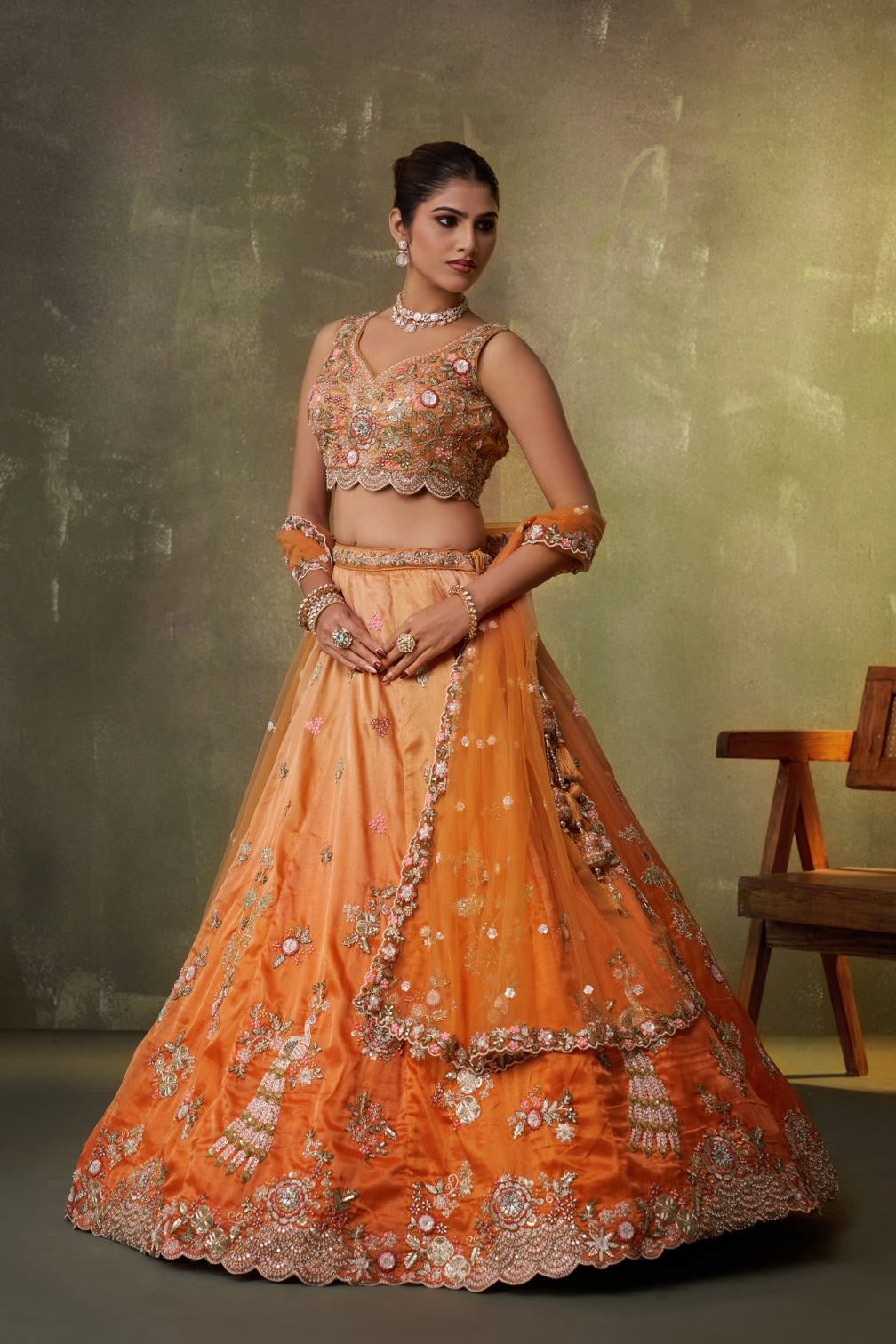 Tissue Sequins Embroidered Semi-Stitched Lehenga & Unstitched Blouse With Dupatta