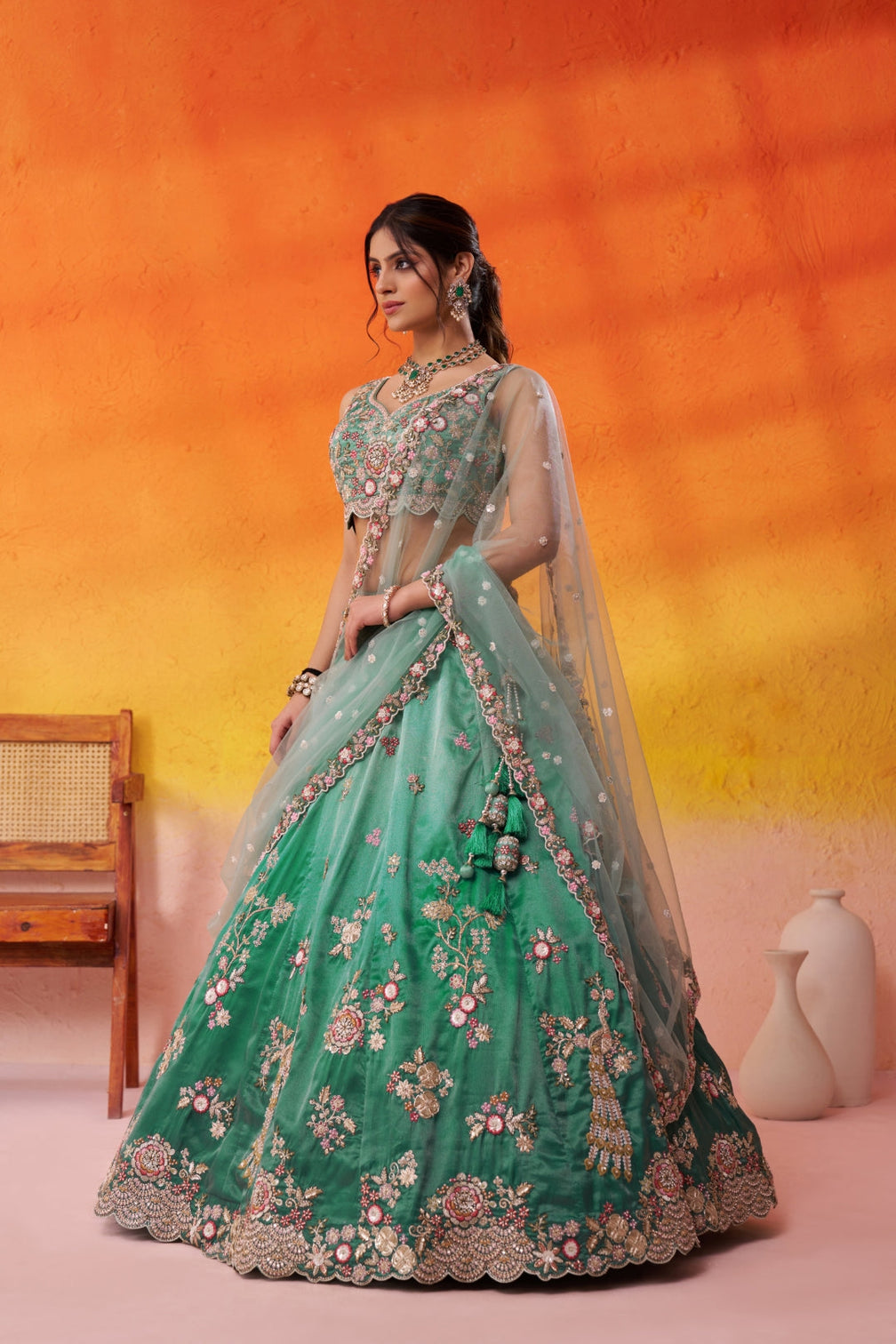 Tissue Sequins Embroidered Semi-Stitched Lehenga & Unstitched Blouse With Dupatta