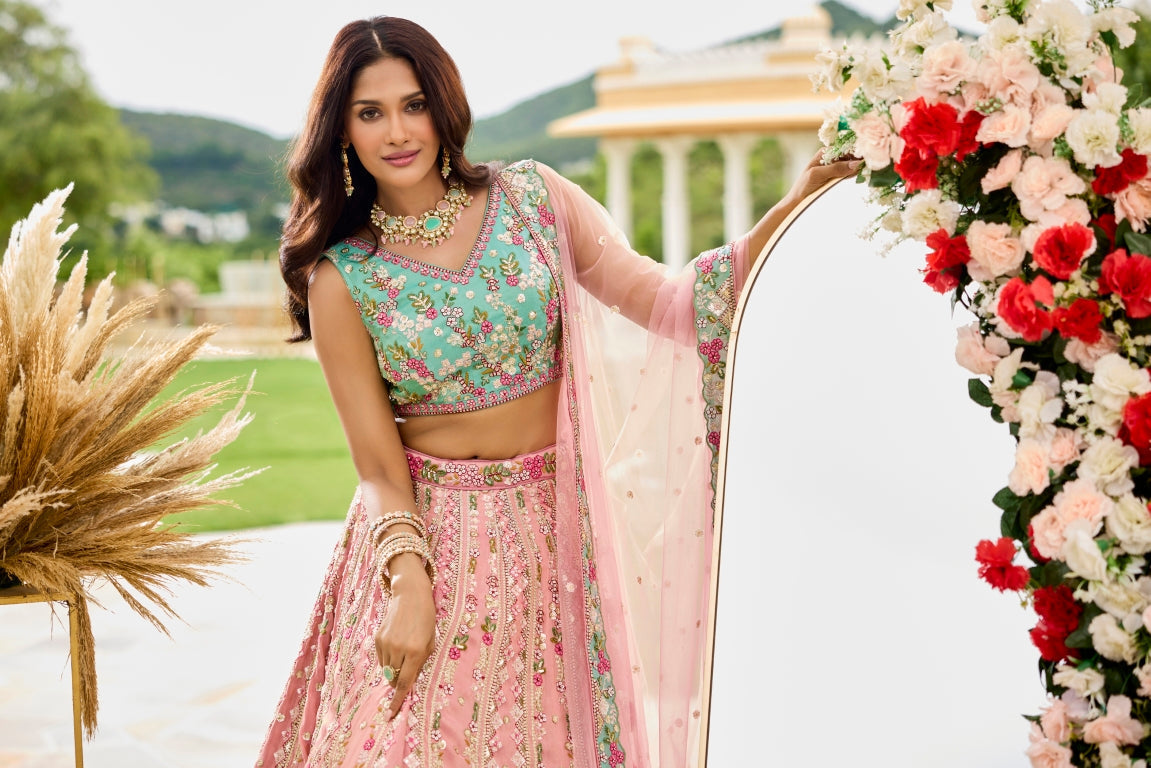 Tissue Sequins Embroidered Semi-Stitched Lehenga & Unstitched Blouse With Dupatta