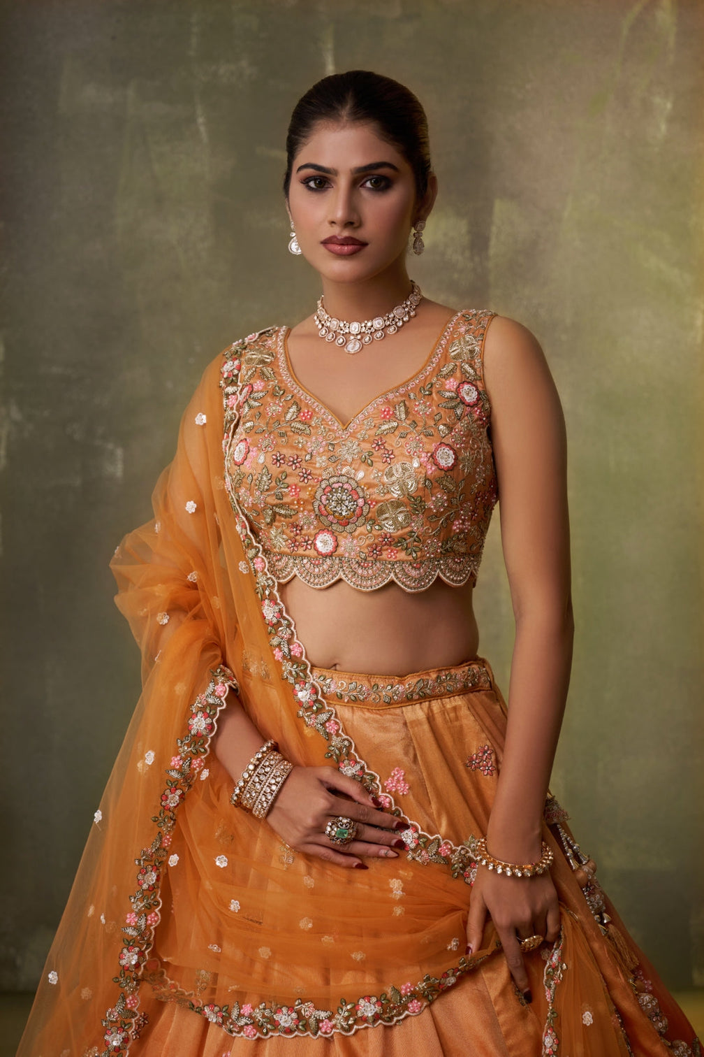 Tissue Sequins Embroidered Semi-Stitched Lehenga & Unstitched Blouse With Dupatta