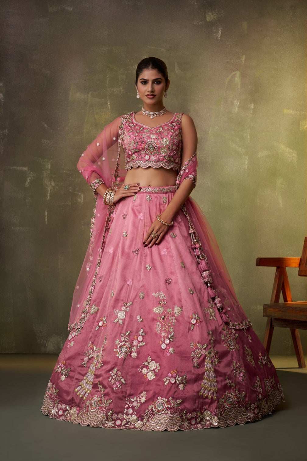 Tissue Sequins Embroidered Semi-Stitched Lehenga & Unstitched Blouse With Dupatta