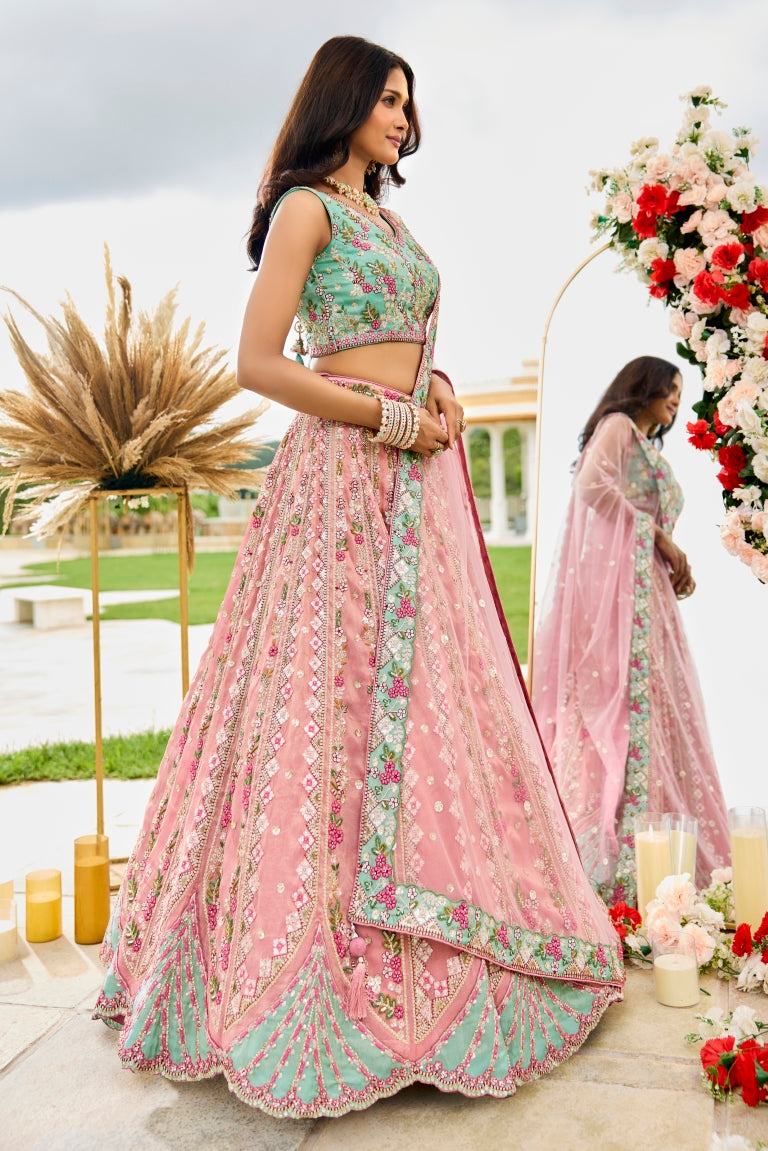 Tissue Sequins Embroidered Semi-Stitched Lehenga & Unstitched Blouse With Dupatta