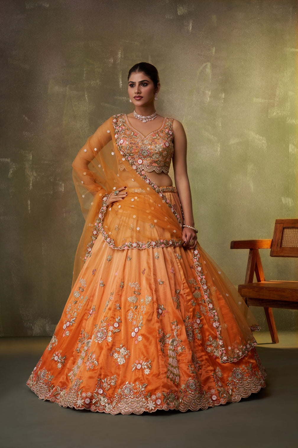Tissue Sequins Embroidered Semi-Stitched Lehenga & Unstitched Blouse With Dupatta