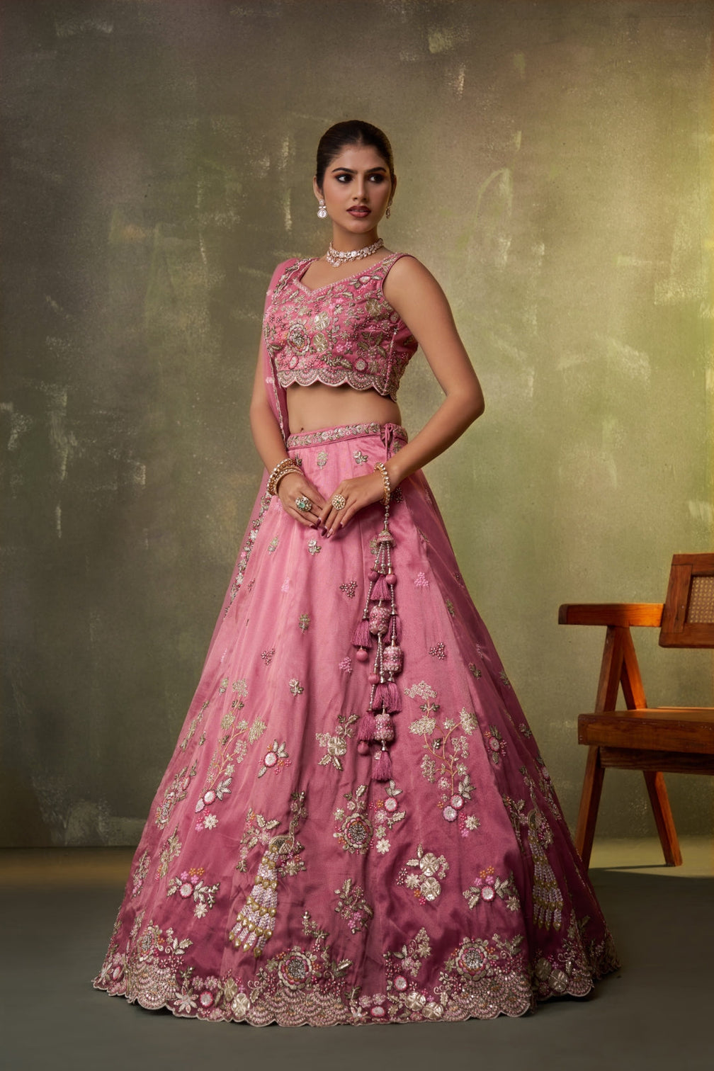 Tissue Sequins Embroidered Semi-Stitched Lehenga & Unstitched Blouse With Dupatta