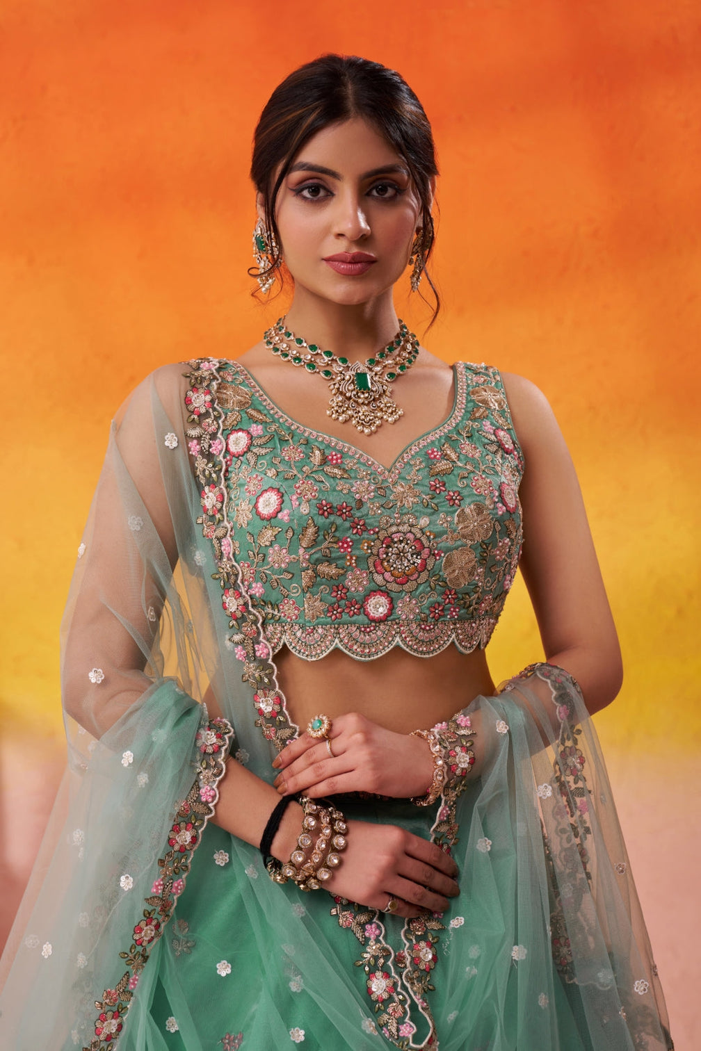 Tissue Sequins Embroidered Semi-Stitched Lehenga & Unstitched Blouse With Dupatta