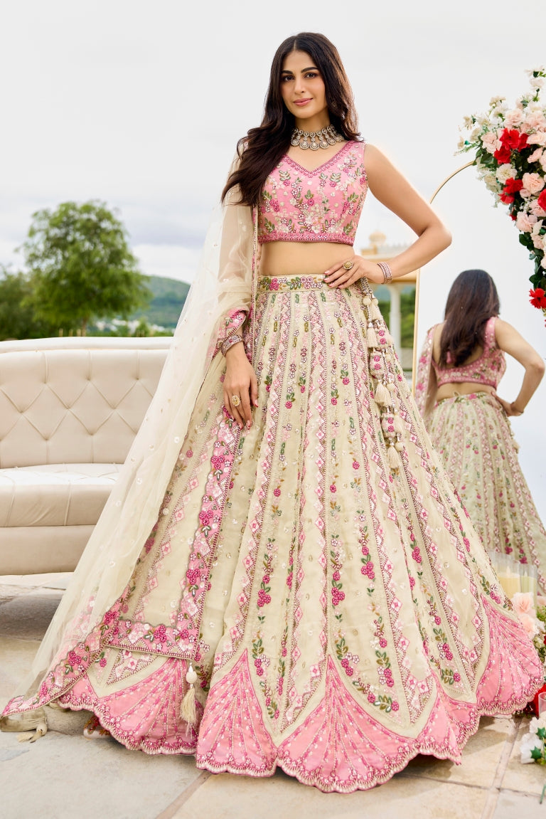 Tissue Sequins Embroidered Semi-Stitched Lehenga & Unstitched Blouse With Dupatta