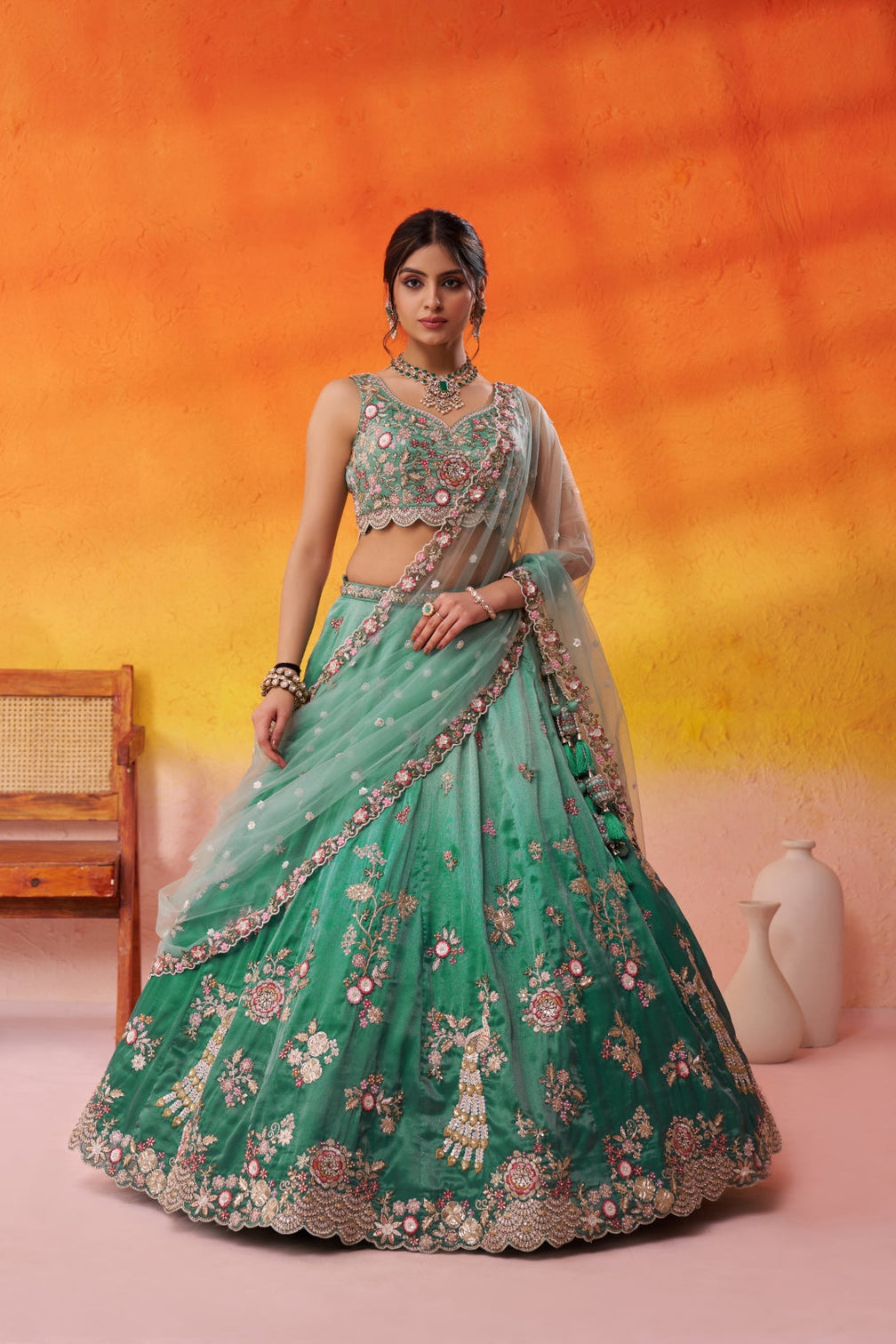 Tissue Sequins Embroidered Semi-Stitched Lehenga & Unstitched Blouse With Dupatta