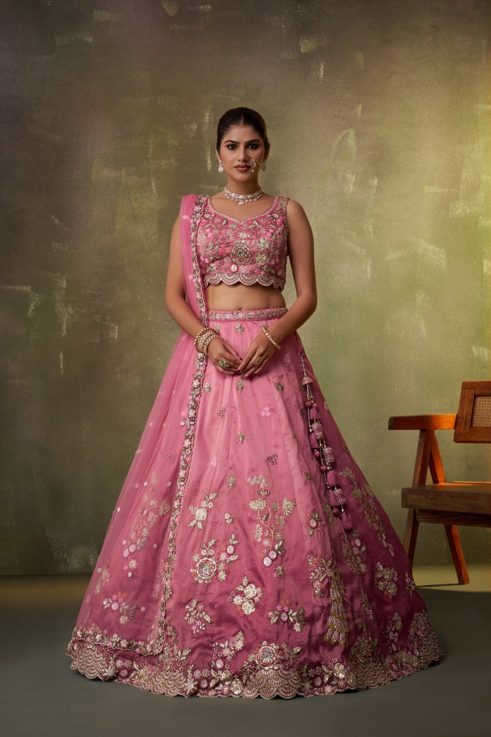 Tissue Sequins Embroidered Semi-Stitched Lehenga & Unstitched Blouse With Dupatta