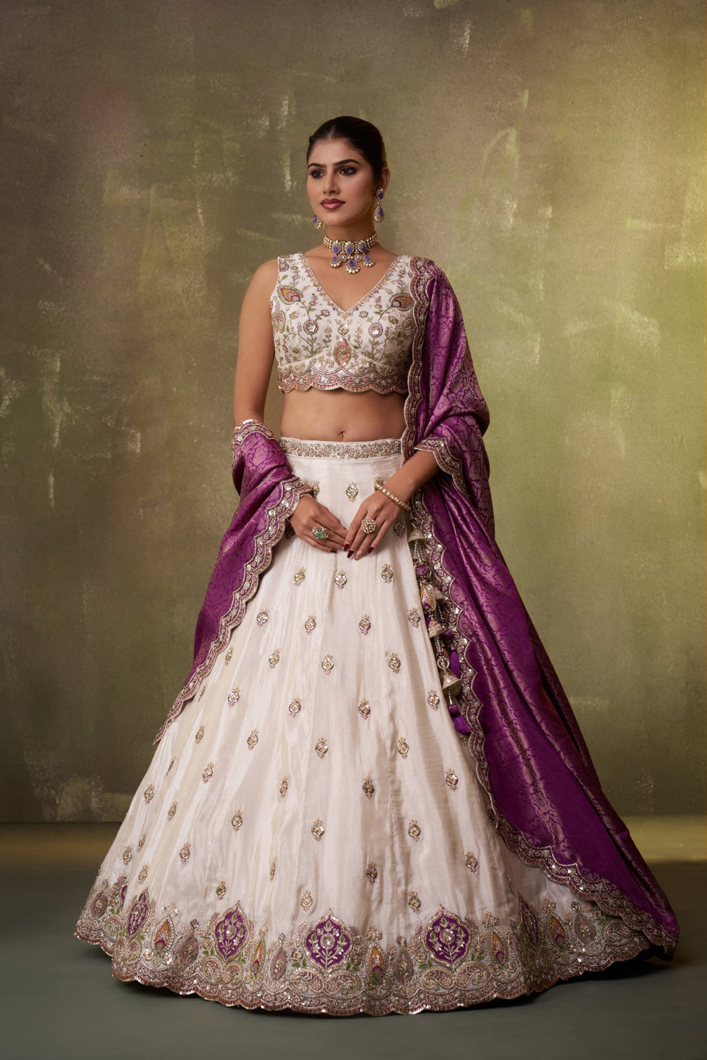 Tissue Sequins Thread & Embroidered Semi-Stitched Lehenga & Unstitched Blouse With Dupatta