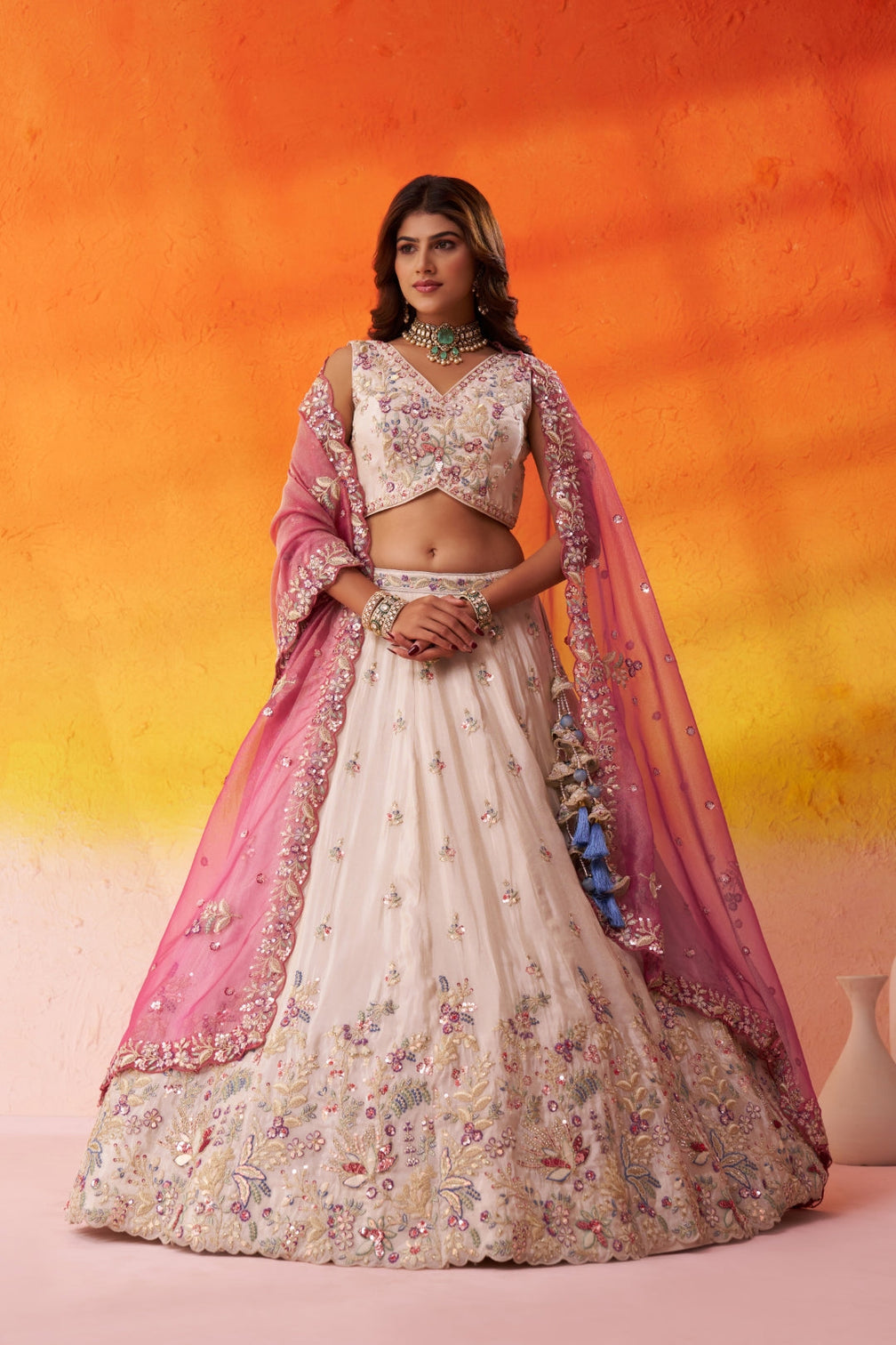 Tissue Sequins Thread & Embroidered Semi-Stitched Lehenga & Unstitched Blouse With Dupatta