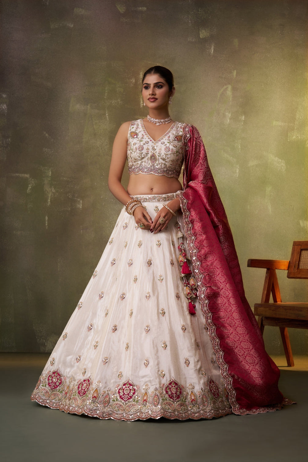 Tissue Sequins Thread & Embroidered Semi-Stitched Lehenga & Unstitched Blouse With Dupatta