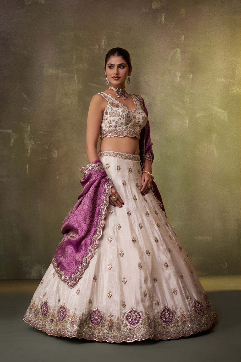 Tissue Sequins Thread & Embroidered Semi-Stitched Lehenga & Unstitched Blouse With Dupatta