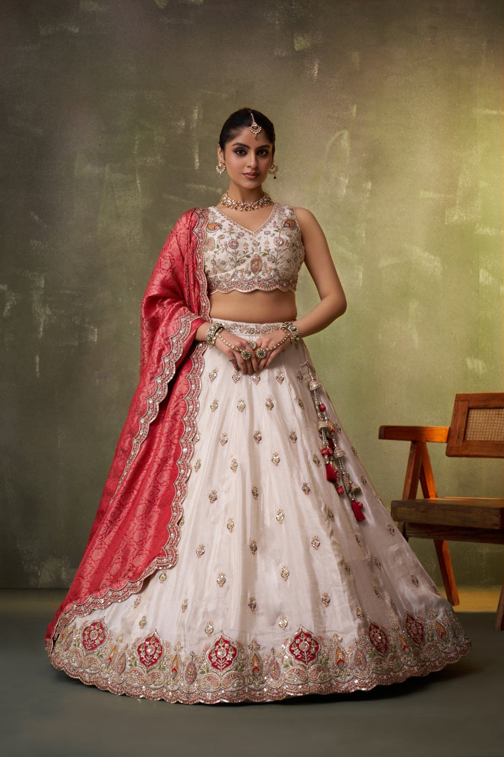 Tissue Sequins Thread & Embroidered Semi-Stitched Lehenga & Unstitched Blouse With Dupatta