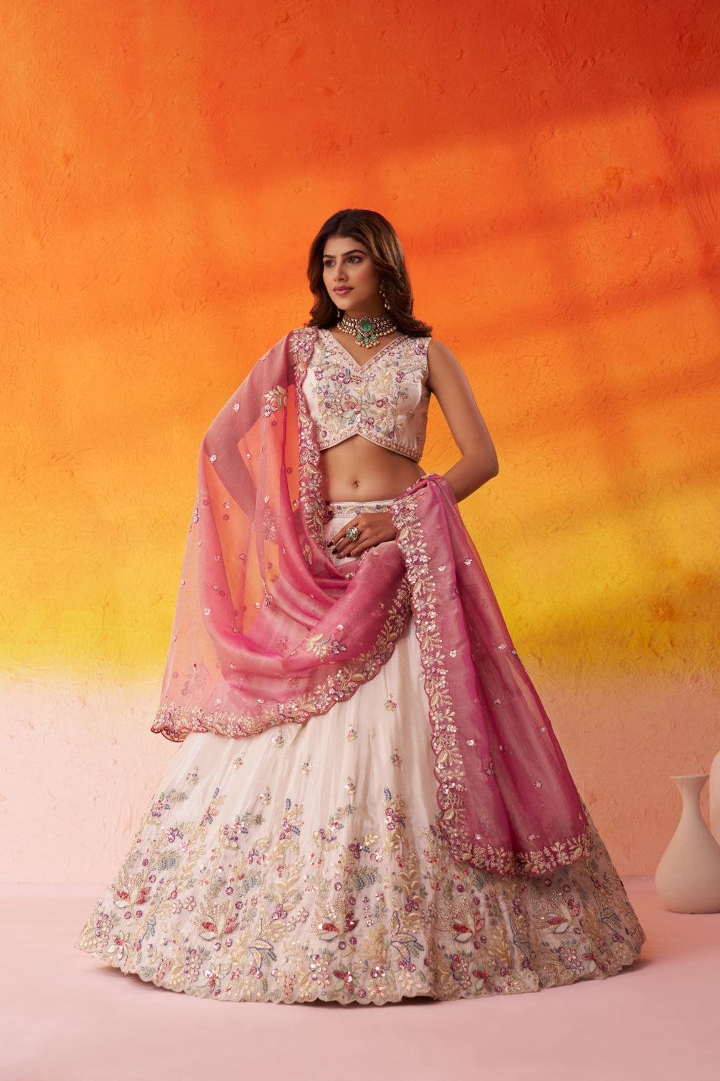 Tissue Sequins Thread & Embroidered Semi-Stitched Lehenga & Unstitched Blouse With Dupatta