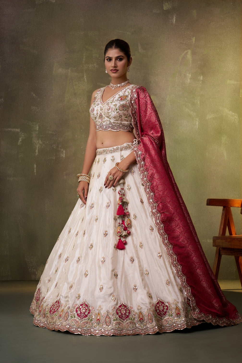Tissue Sequins Thread & Embroidered Semi-Stitched Lehenga & Unstitched Blouse With Dupatta