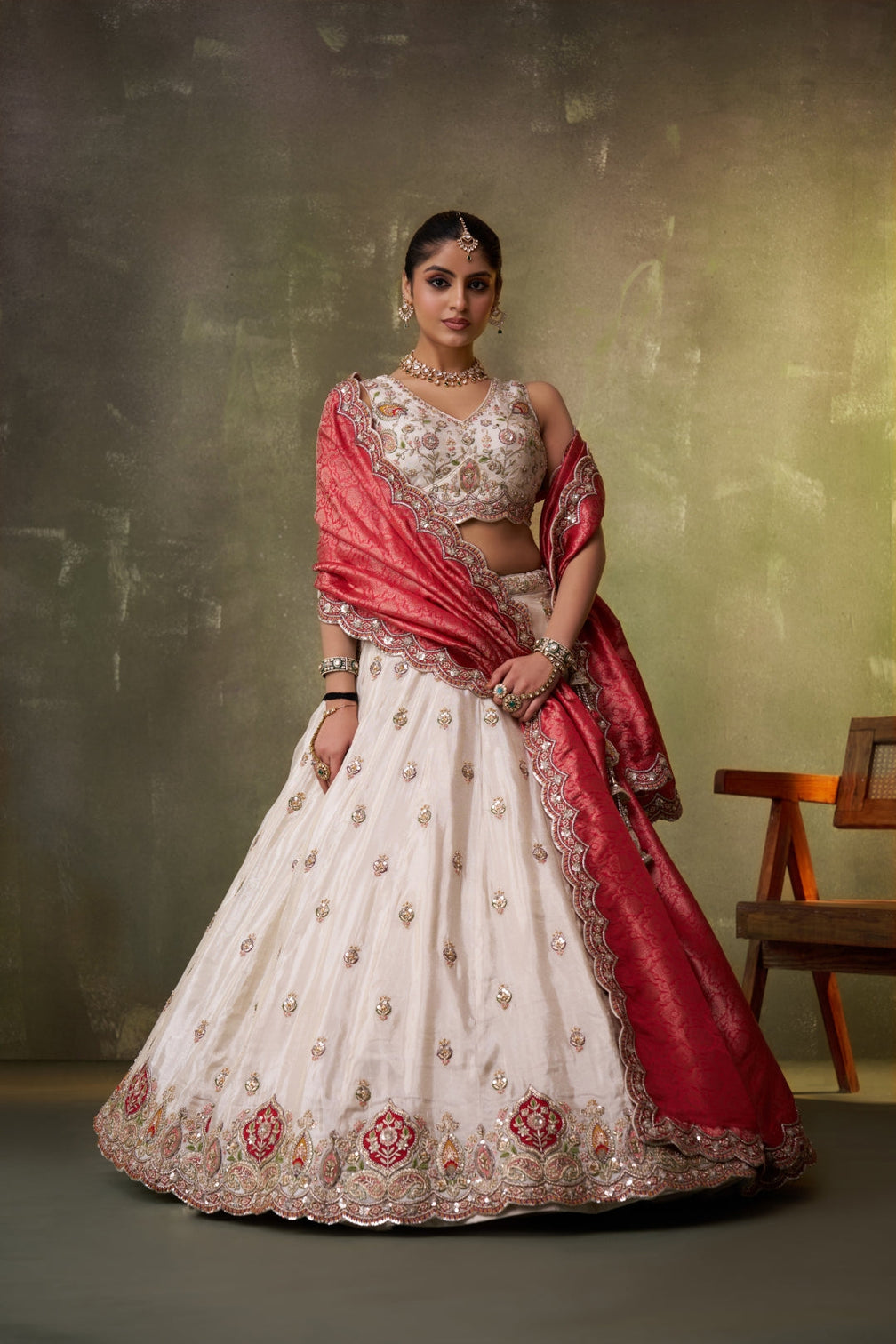 Tissue Sequins Thread & Embroidered Semi-Stitched Lehenga & Unstitched Blouse With Dupatta