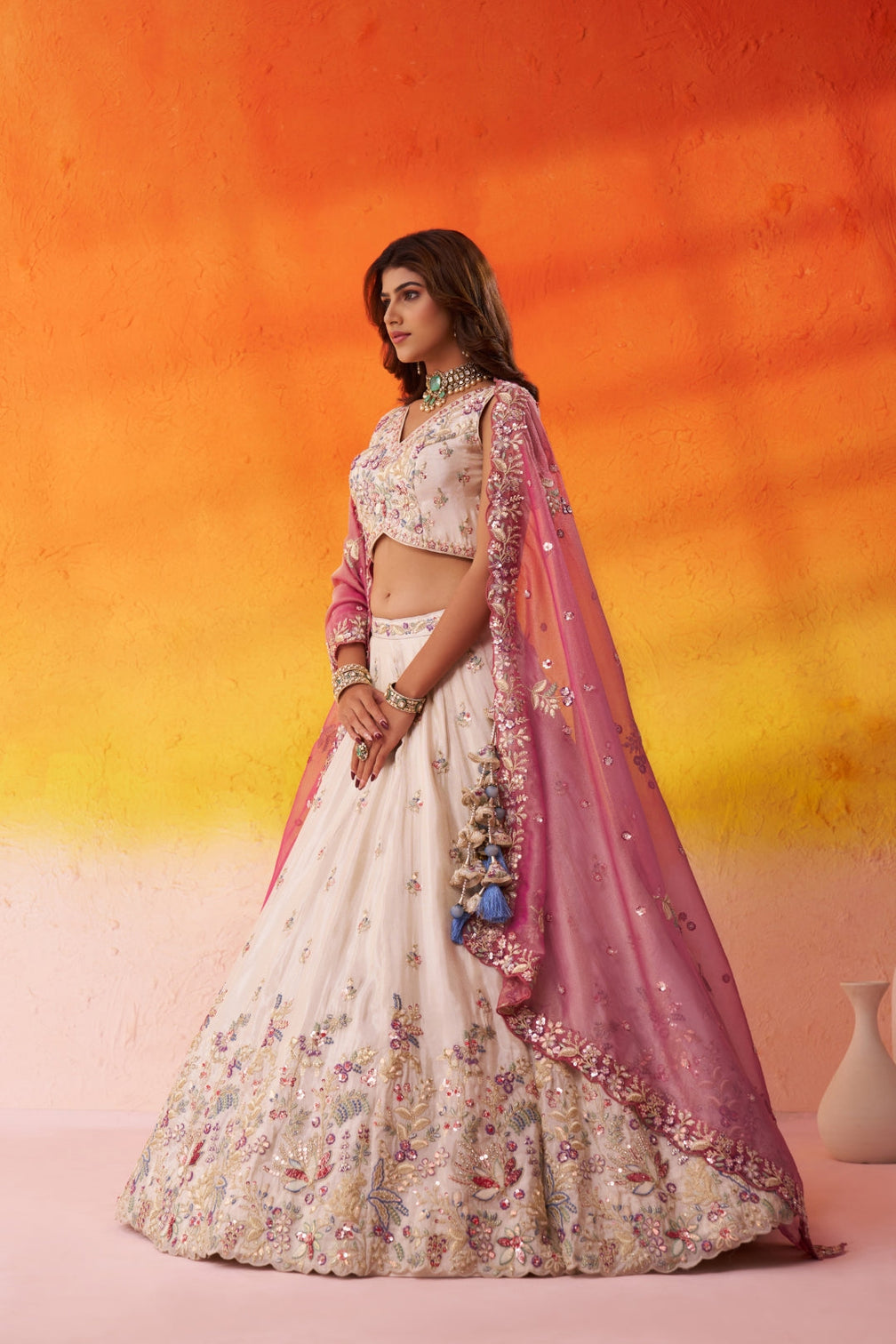 Tissue Sequins Thread & Embroidered Semi-Stitched Lehenga & Unstitched Blouse With Dupatta