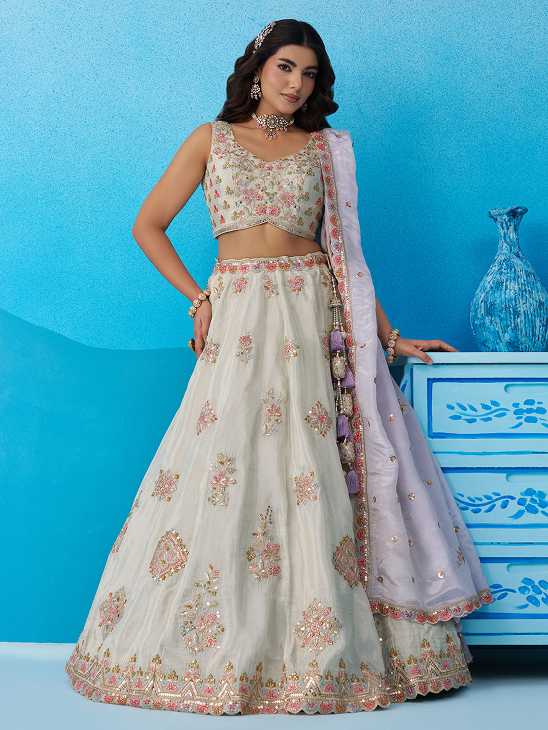 Tissue Sequins & Zari Embroidered Semi-Stitched Lehenga & Unstitched Blouse With Dupatta