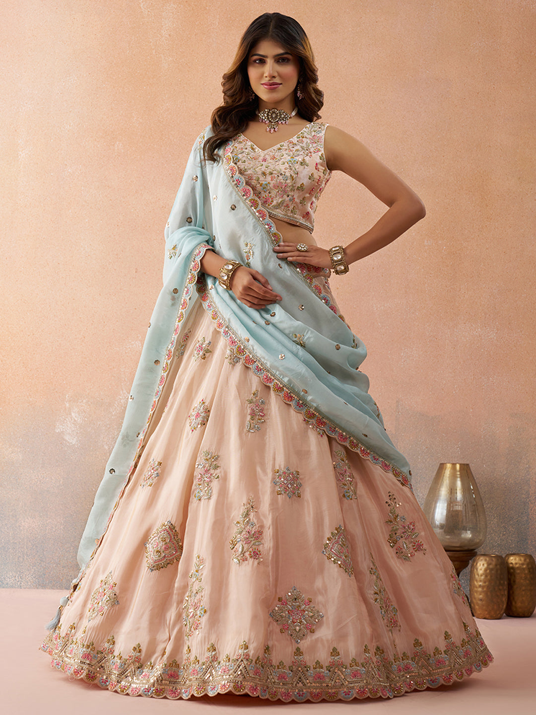 Tissue Sequins & Zari Embroidered Semi-Stitched Lehenga & Unstitched Blouse With Dupatta