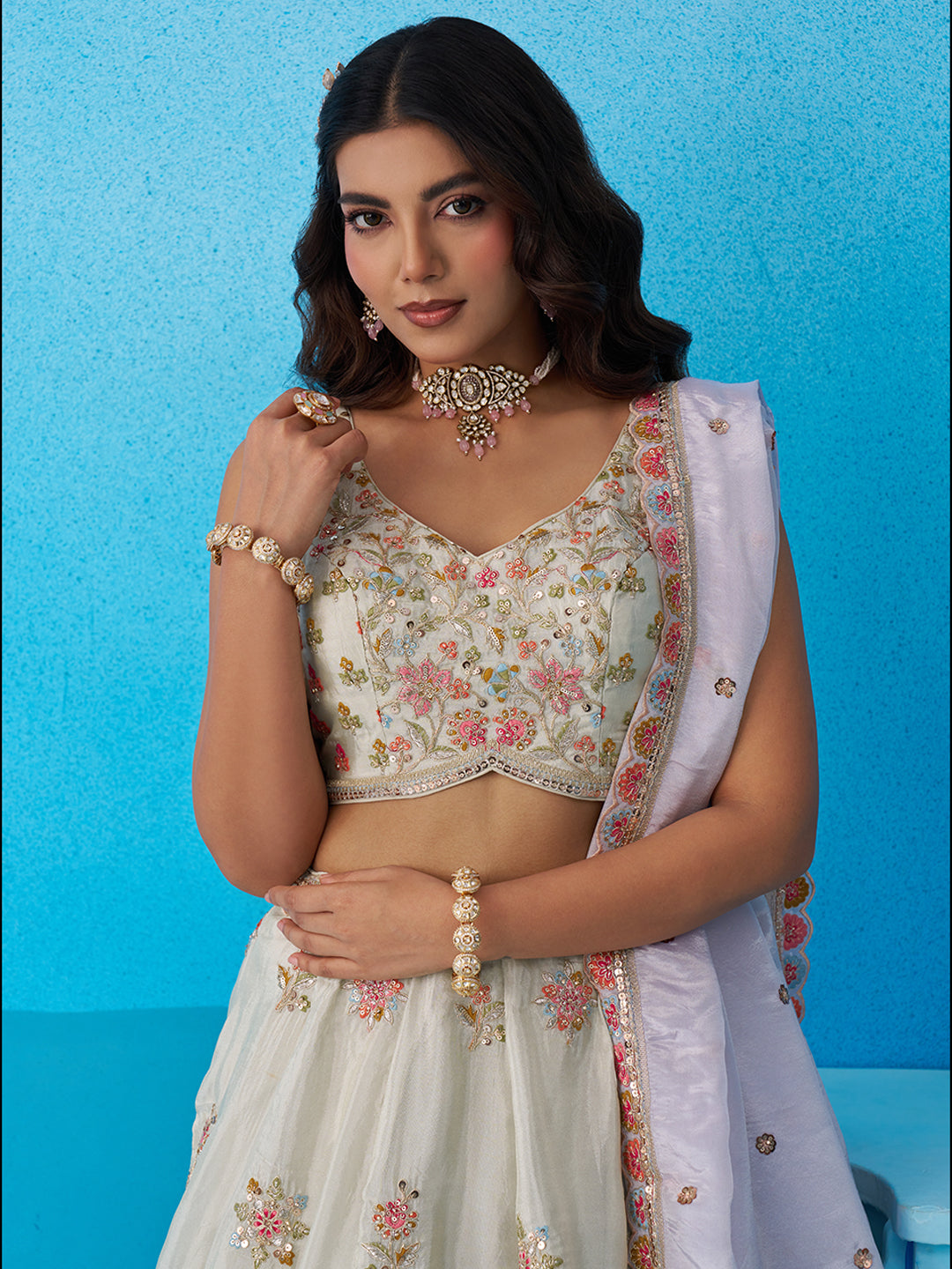 Tissue Sequins & Zari Embroidered Semi-Stitched Lehenga & Unstitched Blouse With Dupatta