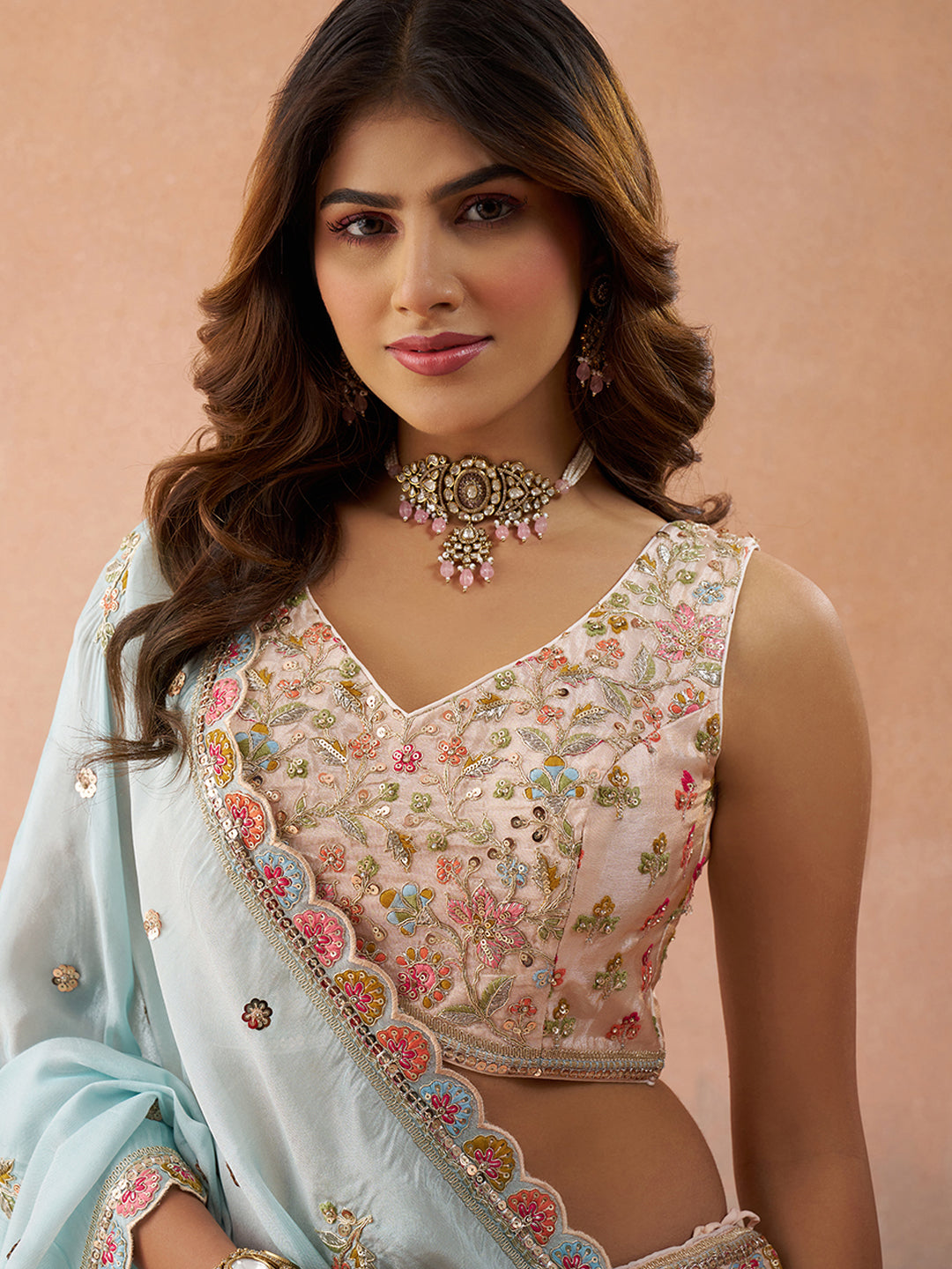 Tissue Sequins & Zari Embroidered Semi-Stitched Lehenga & Unstitched Blouse With Dupatta