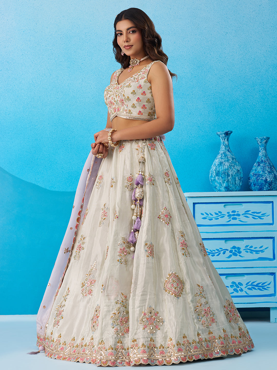 Tissue Sequins & Zari Embroidered Semi-Stitched Lehenga & Unstitched Blouse With Dupatta