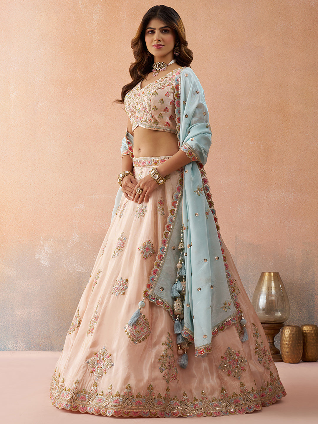 Tissue Sequins & Zari Embroidered Semi-Stitched Lehenga & Unstitched Blouse With Dupatta
