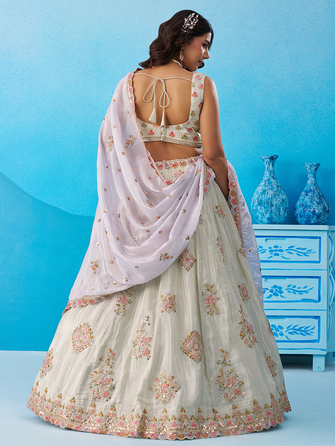 Tissue Sequins & Zari Embroidered Semi-Stitched Lehenga & Unstitched Blouse With Dupatta