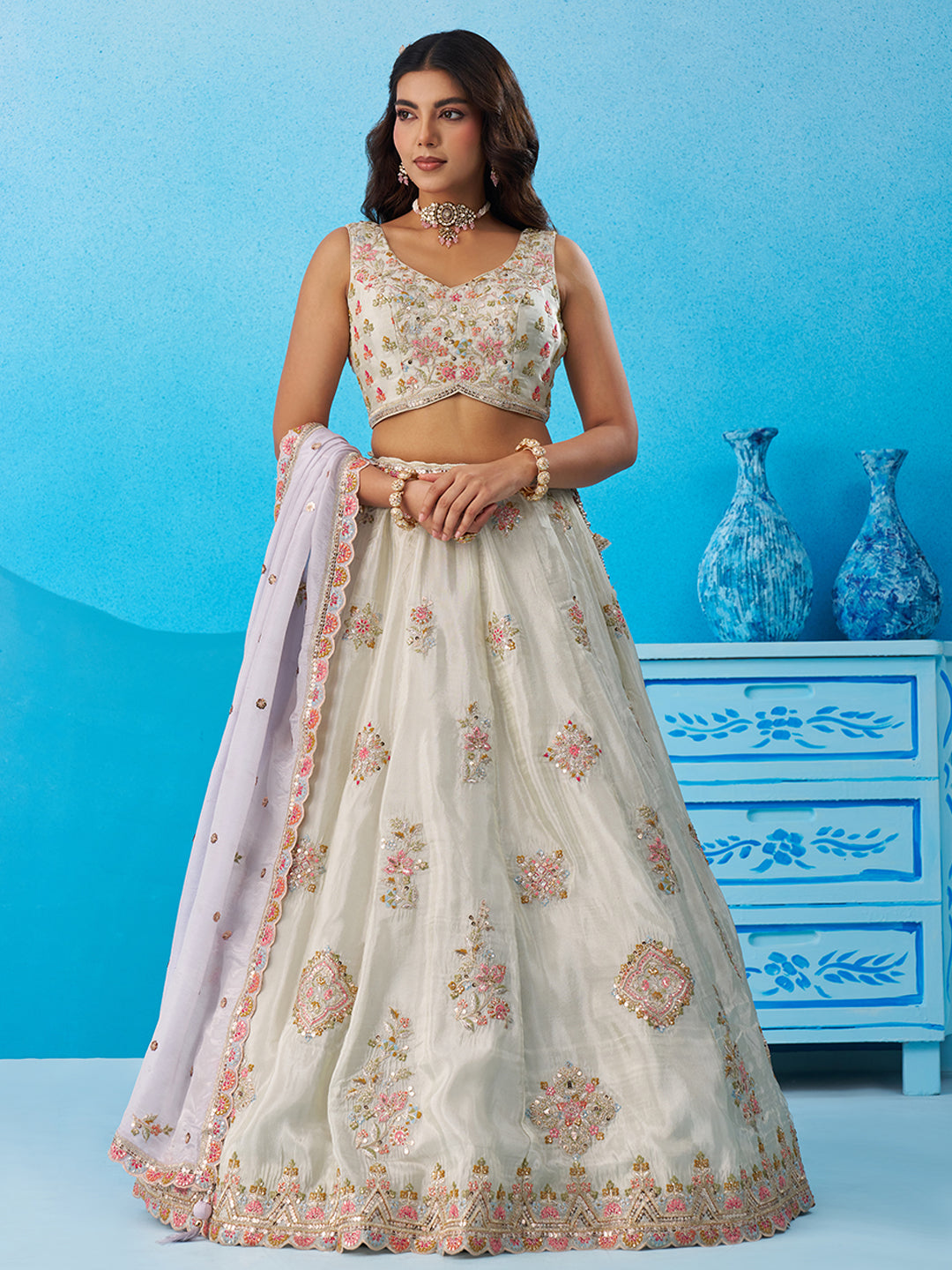 Tissue Sequins & Zari Embroidered Semi-Stitched Lehenga & Unstitched Blouse With Dupatta