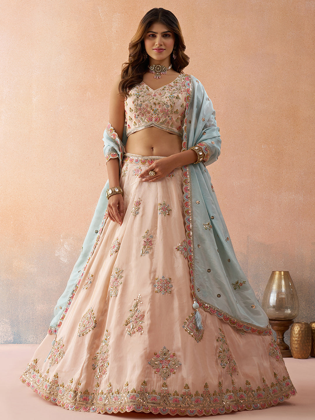 Tissue Sequins & Zari Embroidered Semi-Stitched Lehenga & Unstitched Blouse With Dupatta