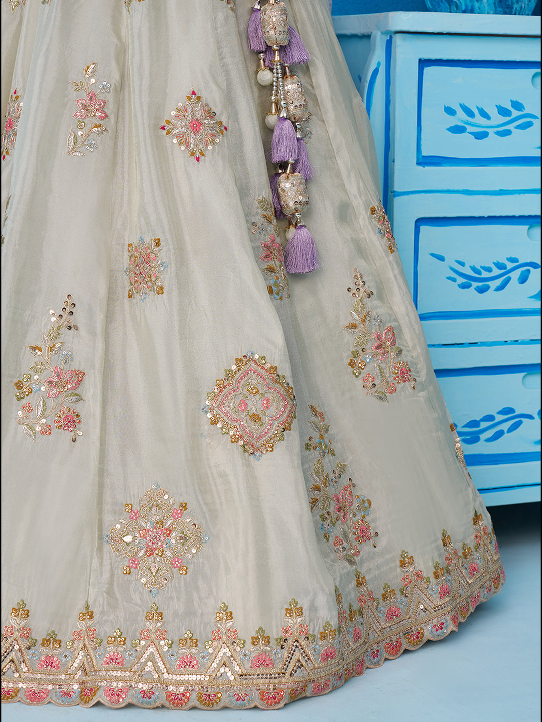 Tissue Sequins & Zari Embroidered Semi-Stitched Lehenga & Unstitched Blouse With Dupatta