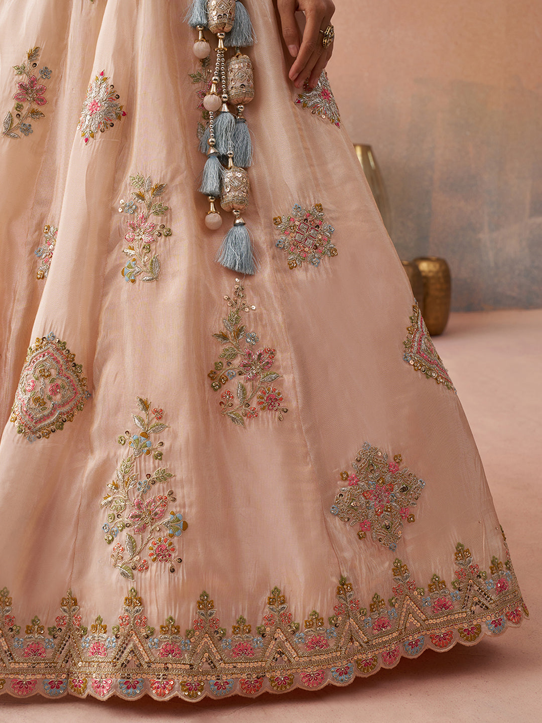 Tissue Sequins & Zari Embroidered Semi-Stitched Lehenga & Unstitched Blouse With Dupatta