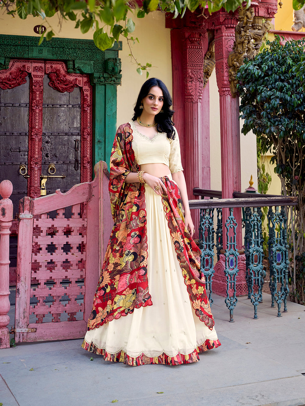 Vichitra silk stitched lehenga choli with kalamkari border tussar silk dupatta