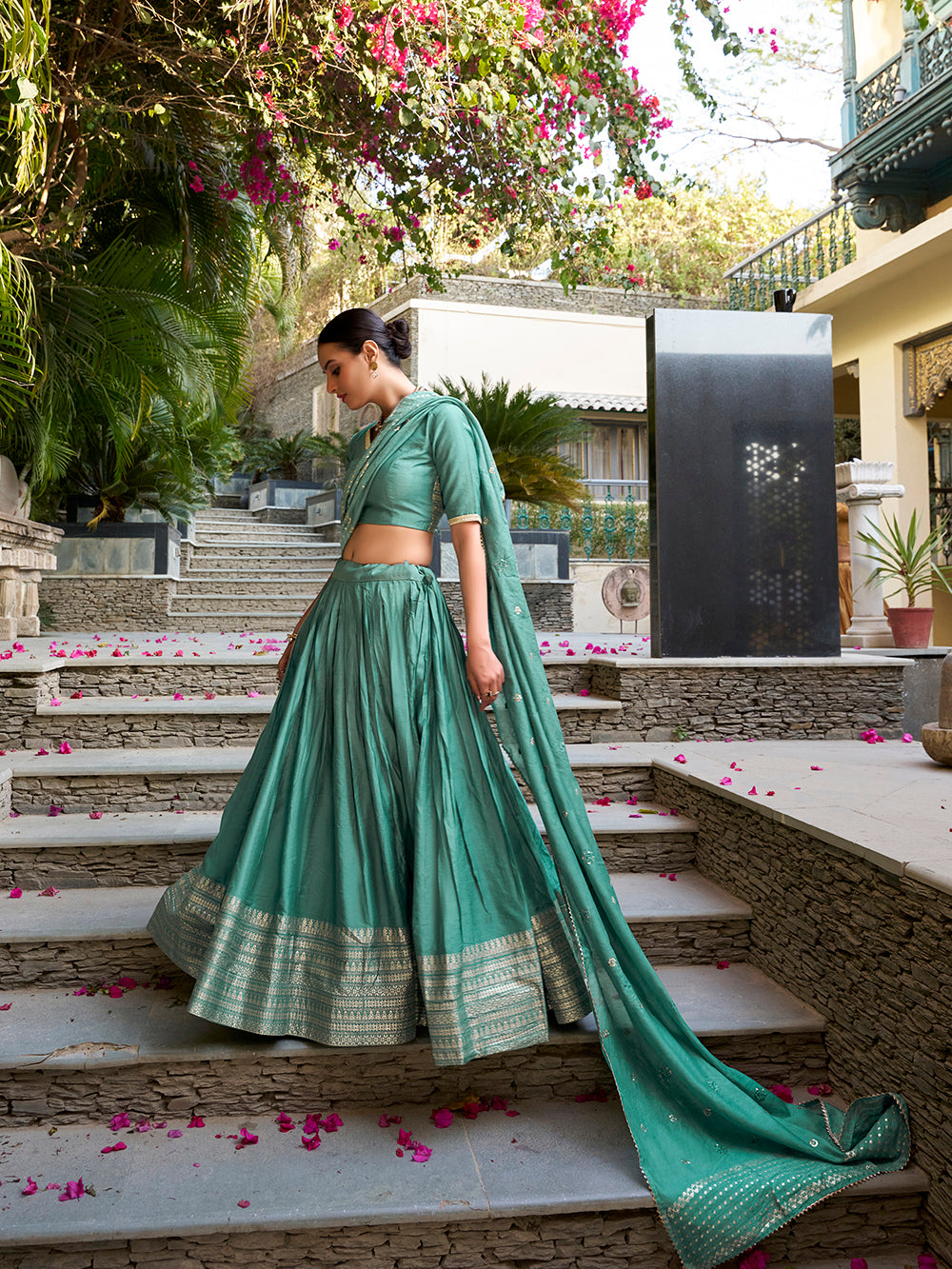 Sea green chanderi silk lehenga choli with zari weaving matching dupatta