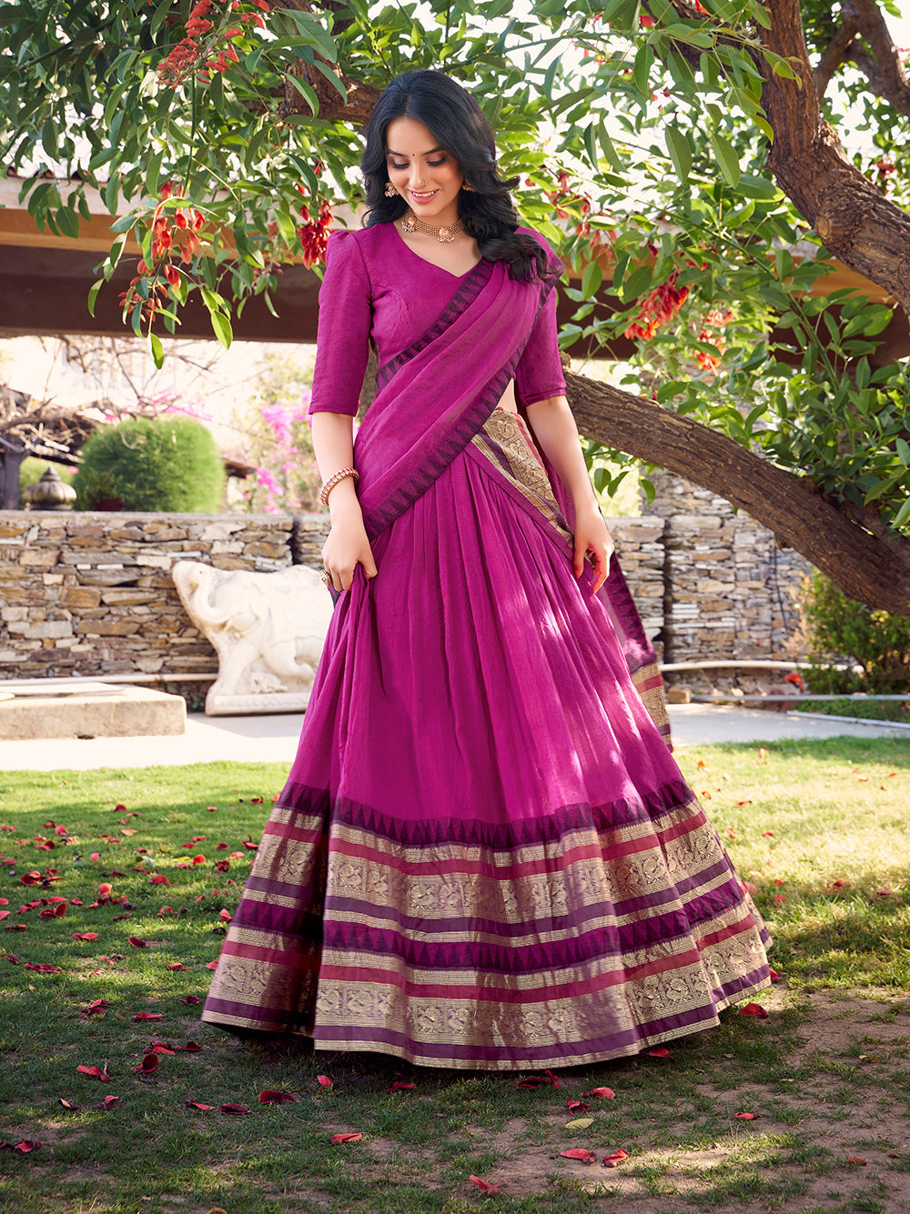 Soft pink chanderi lehenga choli with zari woven border matching dupatta