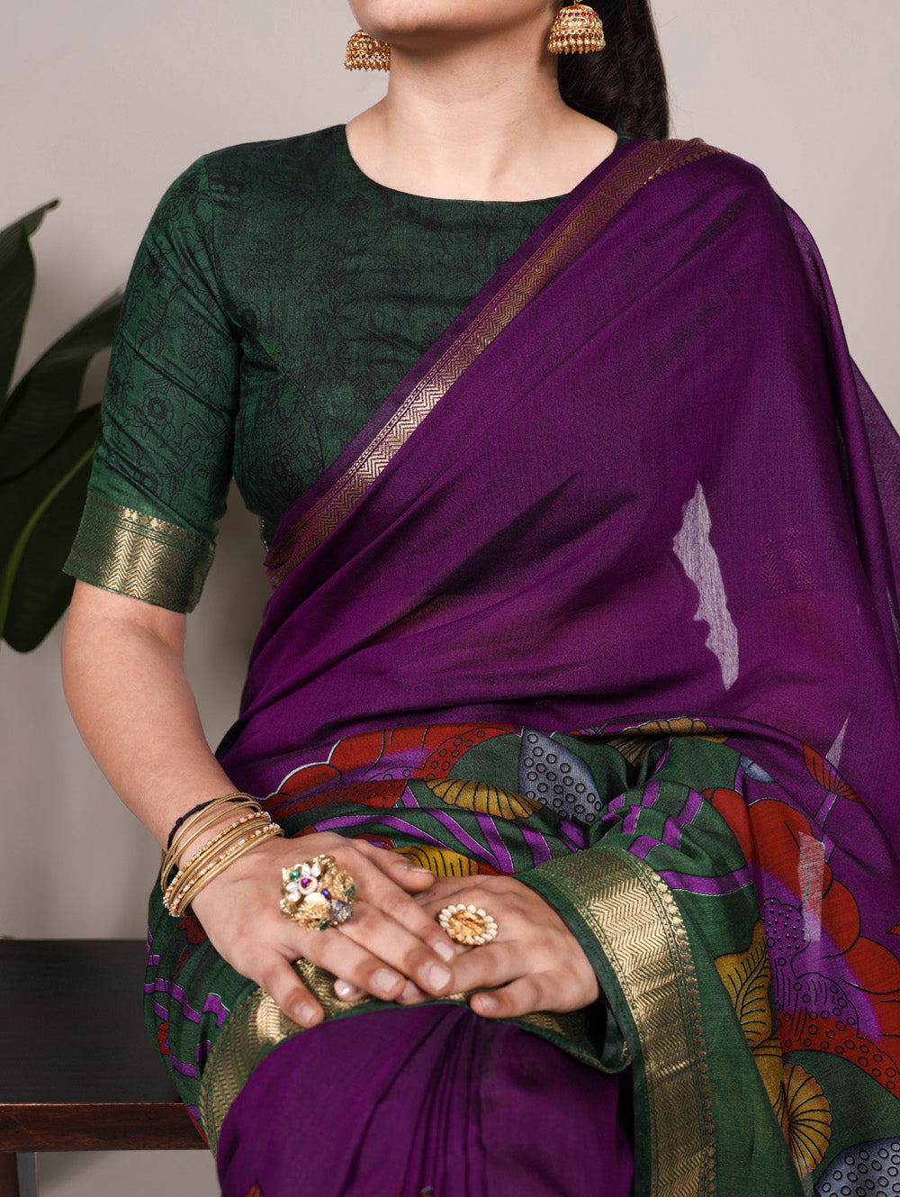 Purple floral printed viscose chanderi silk saree with zari lace border