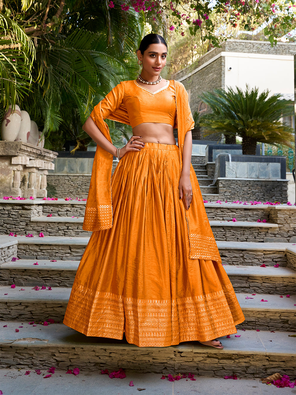 Orange color plain with zari weaving work chanderi lehenga choli