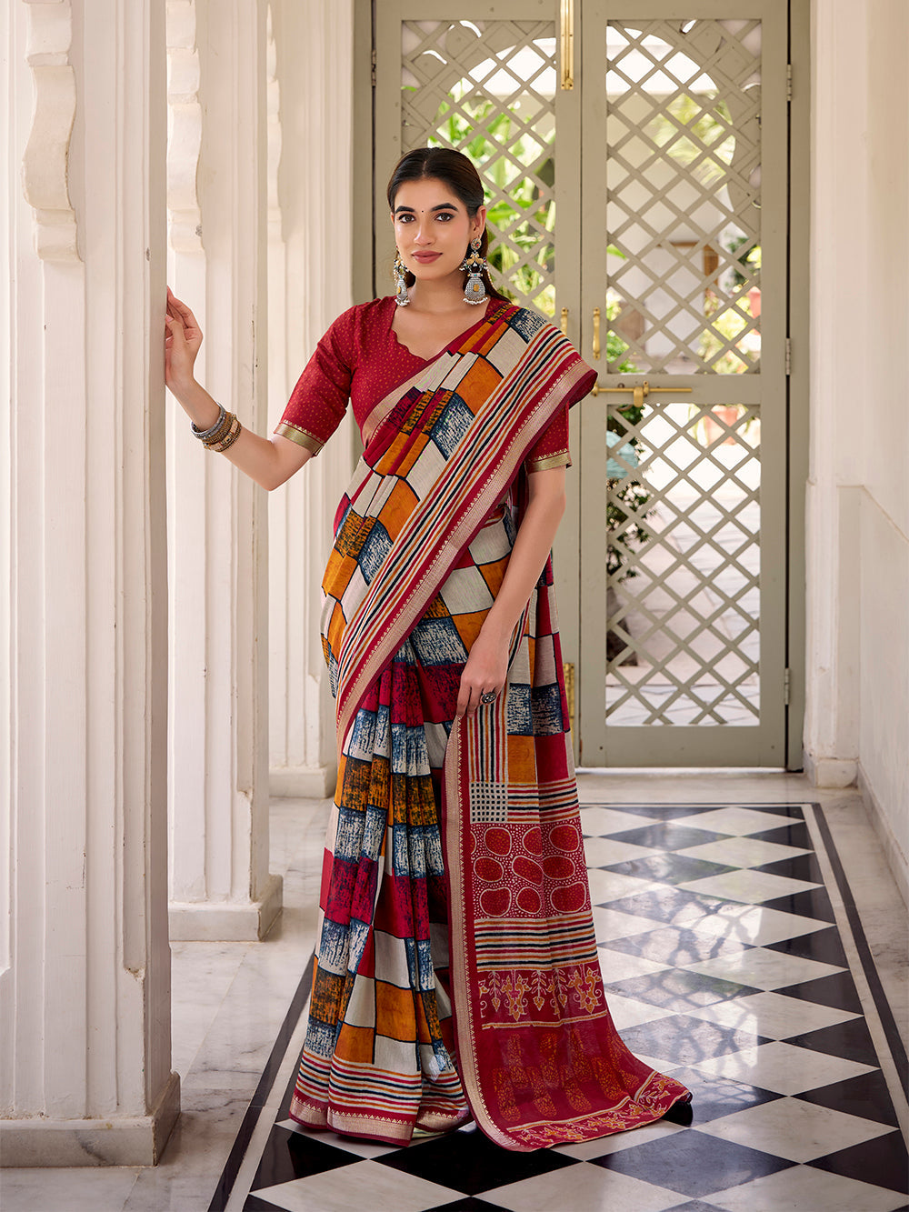 Maroon viscose chanderi check print saree with temple lace border blouse piece