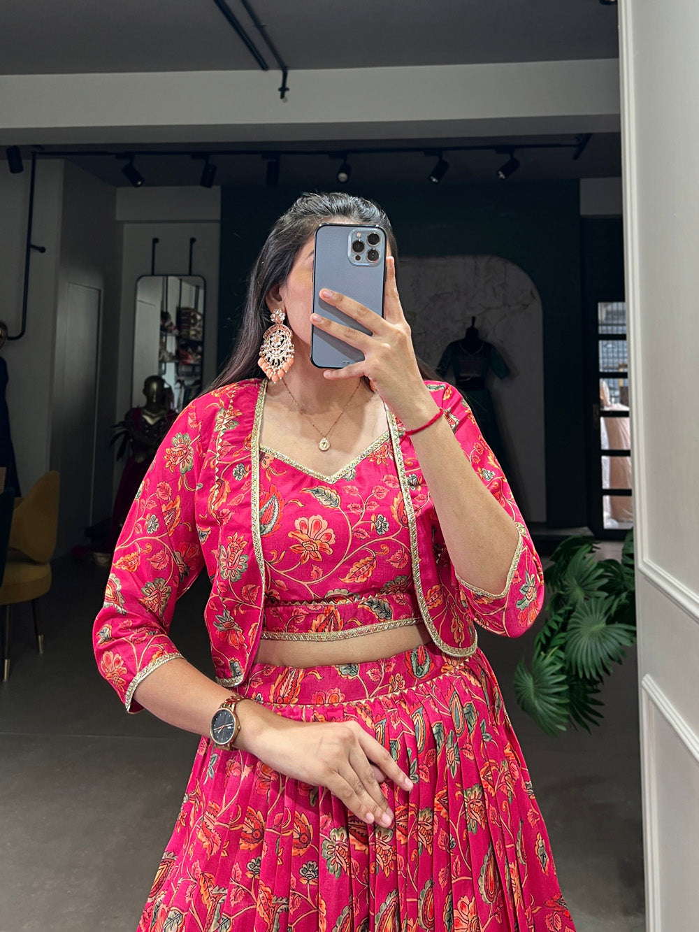 Pink tasar silk floral print lehenga choli with gota patti handworked koti