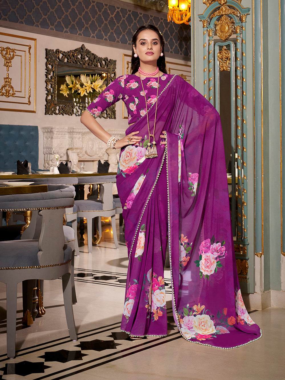 Purple georgette saree with printed design pearl lace border