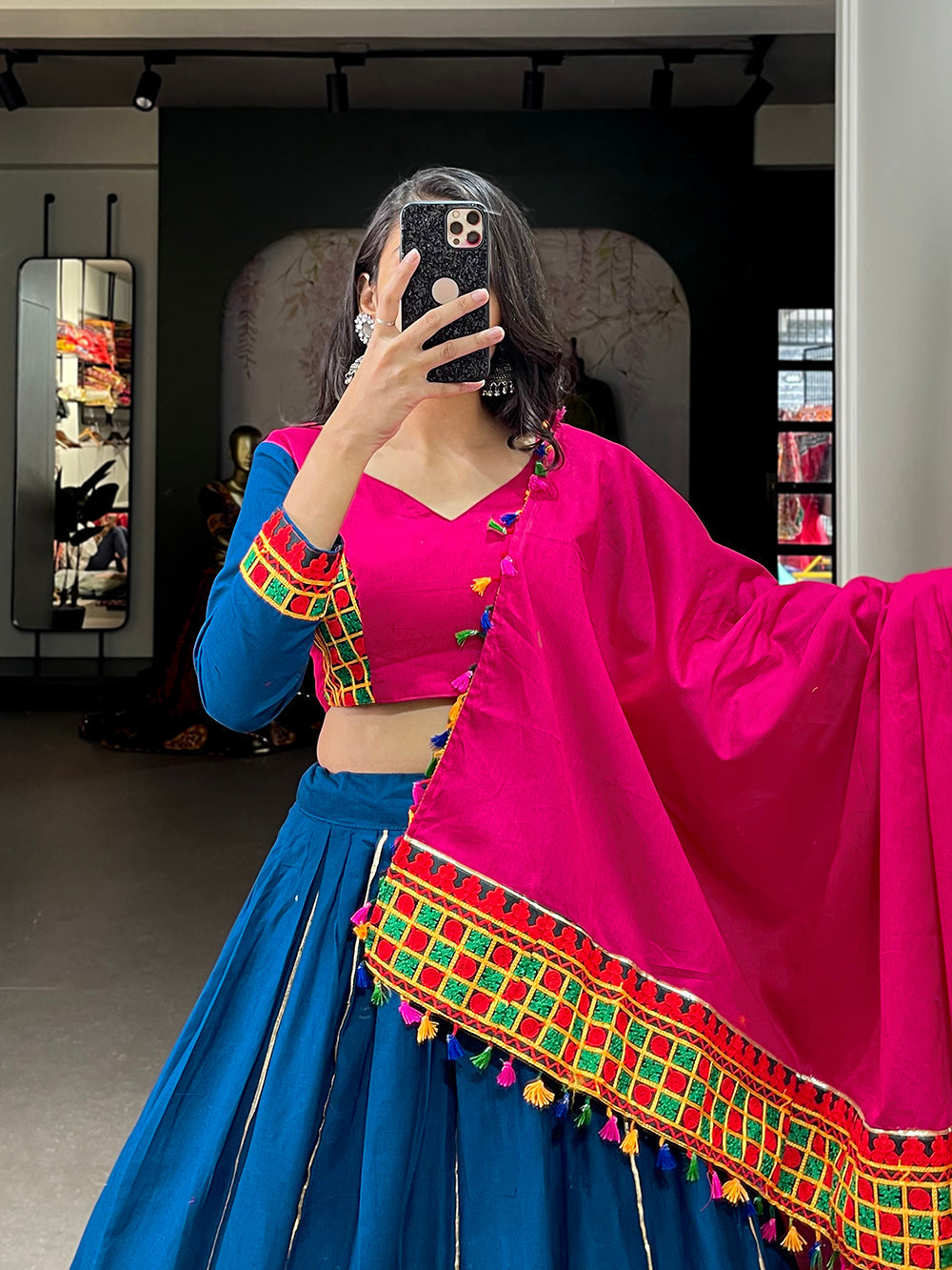 Blue Color Plain With Gamthi Work Cotton Navratri Garba Choli