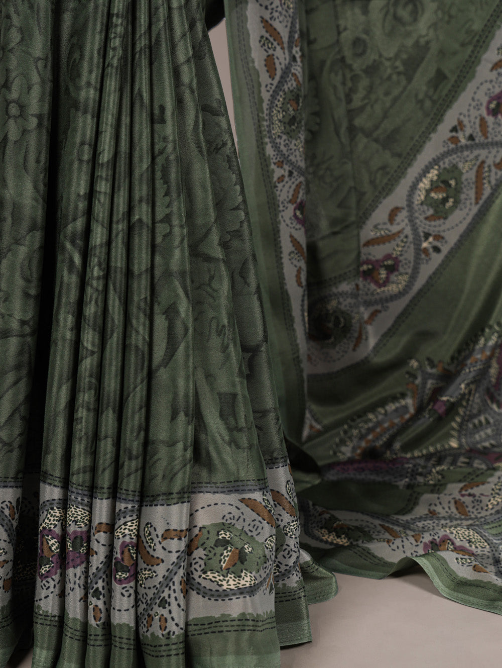 Mehendi color crepe saree with all over print matching blouse