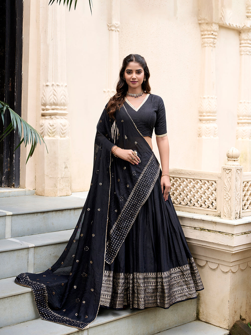 Black color plain with zari weaving work chanderi lehenga choli