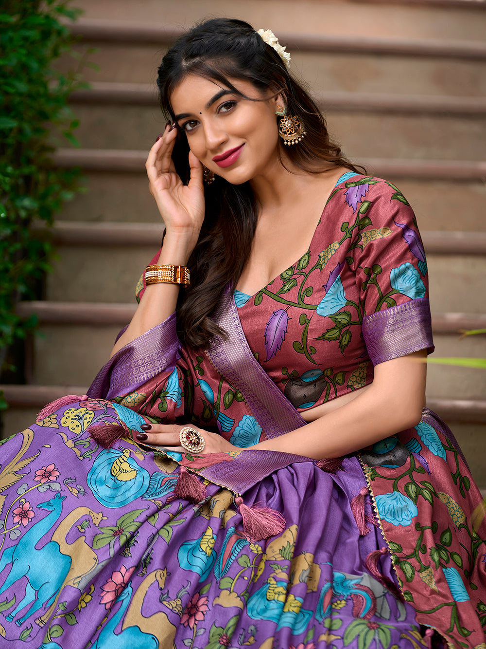 Lavender dola silk voni lehenga choli with kalamkari print zari weaving